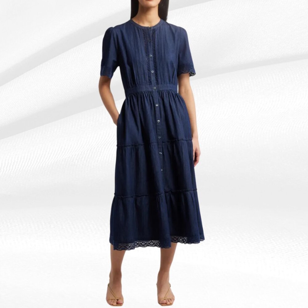 Caslon Lace Trim Tiered Midi Dress Navy Denim L FREE Faux Leather Belt